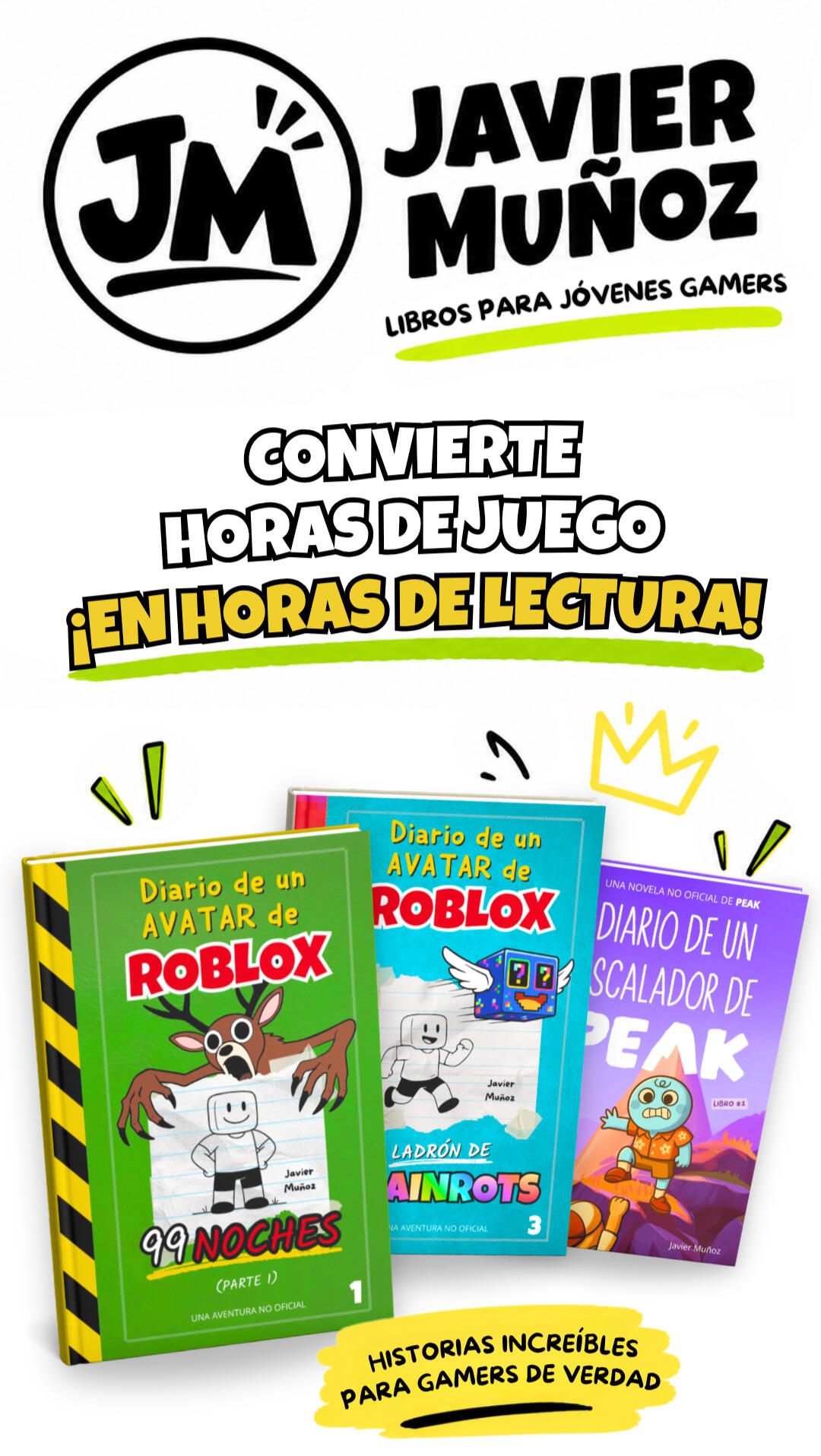 Promotional banner for Javier Muñoz’s books for young gamers, featuring the JM logo, three adventure book covers and the slogan “Turn game time into reading time!”
